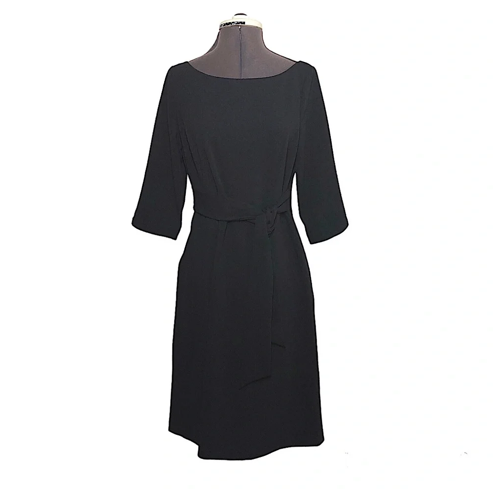 CALVIN KLEIN Black Boat Neck Waist Tie & Pockets Above The Knee Sheath Dress 10_3